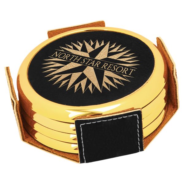 Leatherette Round Coaster Set with Metal Edge